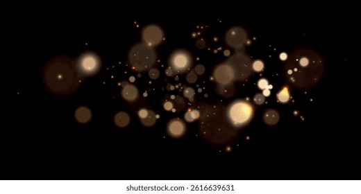 Christmas dust glowing bokeh confetti light and glitter texture overlay for your design. Festive sparkling gold dust png. Holiday powder dust for cards, invitations, banners.
