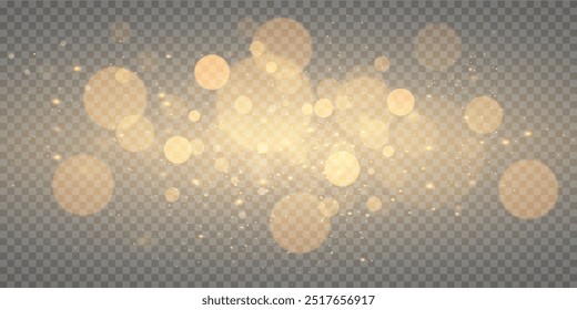 Christmas dust glowing bokeh.Holiday sparkling gold dust png.Golden magic dust particles bokeh on transparent background.