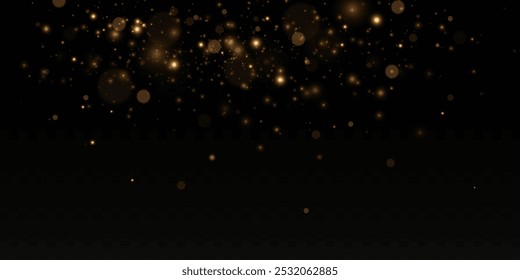 Christmas dust. Christmas lights bokeh.Golden dust light png. Christmas background of shining dust. Spark lamp application. Festive powder dust for cards, invitations, banners and advertising.