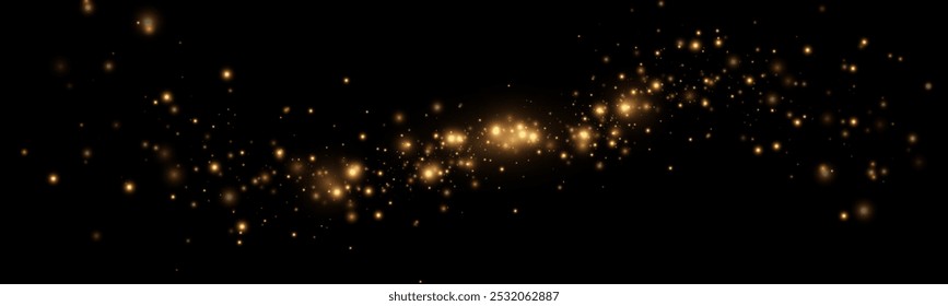 Christmas dust. Christmas lights bokeh.Golden dust light png. Christmas background of shining dust. Spark lamp application. Festive powder dust for cards, invitations, banners and advertising.