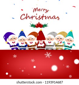 Christmas, dwarf, colorful santa claus cartoon in winter season invitation celebration, confetti falling, poster banner card, cute character background holiday vector illustration