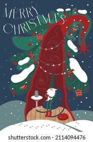 Christmas dwarf drink tea. Christmas greeting card. 