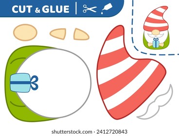 Christmas dwarf with gift box. Cut and glue. Cute dwarf. Squishmallow. Applique. Paper game. Vector