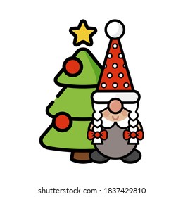 christmas dwarf girl vector with christmas tree