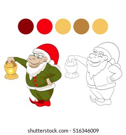 christmas dwarf, helper of santa is holding a lamp. vector illustration on white background. element for coloring book.