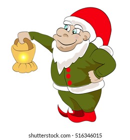 christmas dwarf, helper of santa is holding a lamp. vector illustration on white background