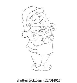 christmas dwarf, helper of santa is holding a sweet. outlined 
vector illustration on white background