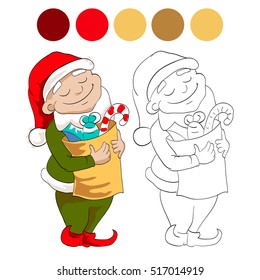 christmas dwarf, helper of santa is holding a bag with sweet presents. vector illustration on white background. element for coloring book.