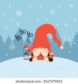 Christmas dwarf santa claus on the snow. Christmas gnome. Greeting Christmas card with holiday isolated characters on snow background. Vector illustration