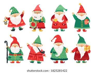 Christmas dwarfs. Cute fairytale gnome, old beard men greeting with x-mas. Home garden magical characters, winter holiday fantasy vector set