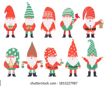 Christmas dwarfs. Funny fabulous gnomes in red and green costumes and hats with lantern traditional xmas decoration, winter holiday vector characters