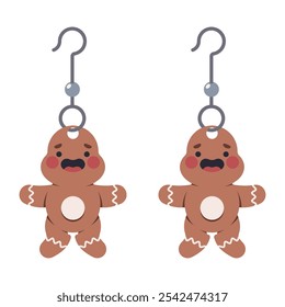 Christmas earrings in gingerbread man shape vector cartoon illustration isolated on a white background.