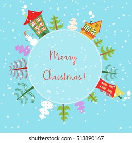 Christmas earth holiday background. Round Banner with trees, cartoon houses and snowman. Christmas planet city town card. Merry Christmas and Happy new year