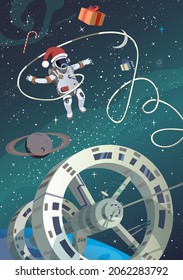 
Christmas In Earth Orbit, Astronaut In Outer Space. Vector.