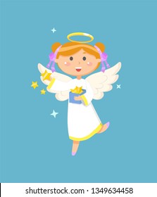 Christmas or Easter symbol, angel with box of stars, religious holiday vector. Girl in dress with halo and wings, heaven creature, Valentines day