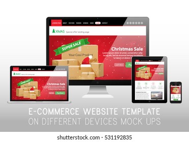 Christmas E-Commerce Online Shop Web Site Landing Page Mockup Template Layout On Smartphone, Tablet, Laptop And Monoblock Vector Illustration