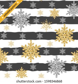 Christmas editable seamless pattern with golden and silver glittering snowflakes on stripes background, (cropped one in swatches).  New Year texture. Design template. Vector.