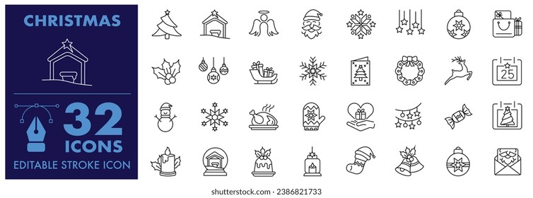 Christmas Editable Stroke Icon also includes, Santa, Angel, Nativity, Snowflakes, Gift, Christmas ball. Set of Xmas thin icon collections, Merry Christmas Vector Icon collections.