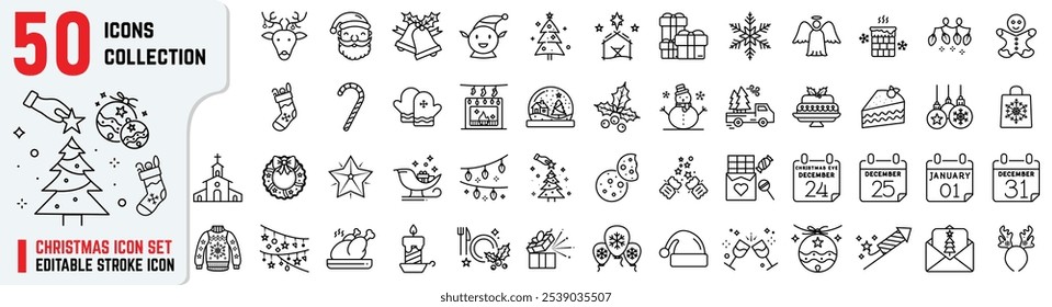 Christmas editable stroke icons set: Featuring  Santa, Elves, jungle bell, nativity, Christmas eve, tree, and gifts. Set of 50 Christmas thin line icons set. Vector illustrations.