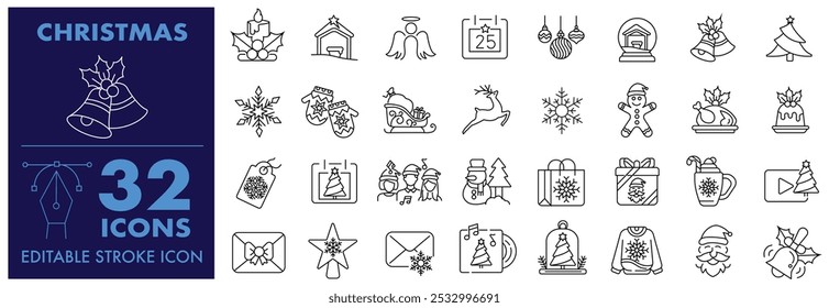 Christmas Editable Stroke Line Icon also includes, Santa, Angel, Nativity, Snowflakes, Christmas carols. sledge, Garland, Belen portal, gift box, reindeer, star, and more Vector Line illustration