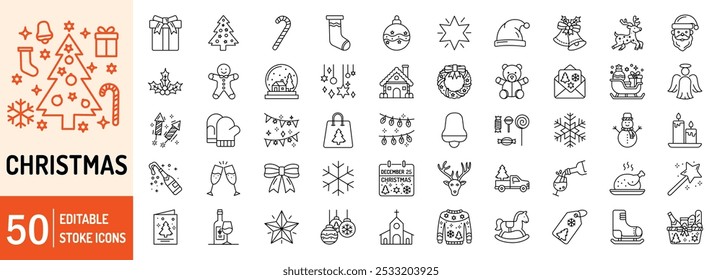 Christmas editable stroke outline web icons set. Christmas, santa hat, bell, bow, fireworks, santa claus, tree, candy, gift and snowflakes. Vector illustration