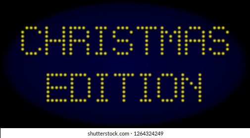 Christmas Edition title in LED style with round glowing pixels. Vector illuminated yellow symbols forms Christmas Edition title on a dark blue background. Digital font with round elements.