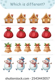 Christmas educational game for kids; find the different object activity featuring snowman, gingerbread, and bell