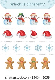 Natal jogo educativo para crianças; encontrar a atividade objeto diferente com elementos de férias divertidos para pré-escolares