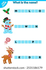 Christmas educational game. Write the missing letters. English spelling learning. Worksheet for education children. Cartoon snowman, reindeer, mistletoe, lollipop. Activities book. Vector illustration