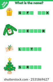 Christmas educational kids game. Write the missing letters in words. English spelling learning. Winter holiday sweater, Xmas spruce, gift box. Activities book for preschool, school children. Vector.