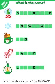 Christmas educational kids game. Write the missing letters in words. English spelling learning. Snow globe, snowflake, candy, lantern, holiday mug. Activities book for education children. Vector page.