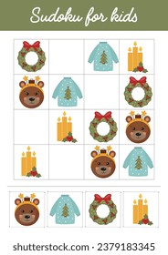 Las hojas de trabajo educativas impresas de Navidad se dedican a la educación preescolar, el jardín de infancia, la escolarización en el hogar, el propósito pedagógico. 
Sudoku para los niños. Los acertijos de Sudoku, nivel fácil. Pequeño libro ocupado.