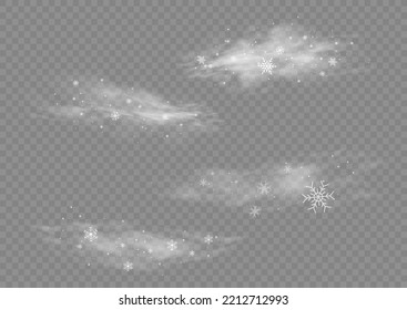 Christmas effect of a cold blizzard. Freezing breath curve trails. Flow snowy smoky stream, icy vapor. Cold wind with snow blow, winter weather with white smoke flying snowflakes. Vector illustration