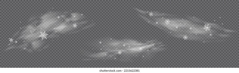 Weihnachtseffekt eines kalten Blizzards. Atemkurven werden erfrischt. Durchfluss schneebedeckter, raucher Strom, eiser Dampf. Kalter Wind mit Schneefall, Winterwetter mit weißem Rauch fliegenden Schneeflocken. Vektorgrafik