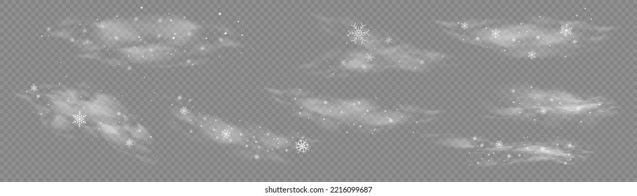 Christmas effect of a cold blizzard. Freezing breath curve trails. Flow snowy smoky stream, icy vapor. Cold wind with snow blow, winter weather with white smoke flying snowflakes. Vector illustration