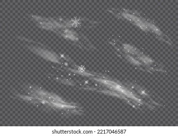 Christmas effect of a cold blizzard. Freezing breath curve trails. Flow snowy smoky stream, icy vapor. Cold wind with snow blow, winter weather with white smoke flying snowflakes. Vector illustration