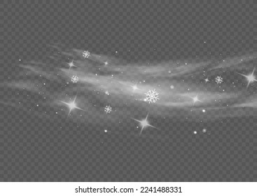 Christmas effect of a cold blizzard. Freezing breath curve trails. Flow snowy smoky stream, icy vapor. Cold wind with snow blow, winter weather with white smoke flying snowflakes. Vector illustration