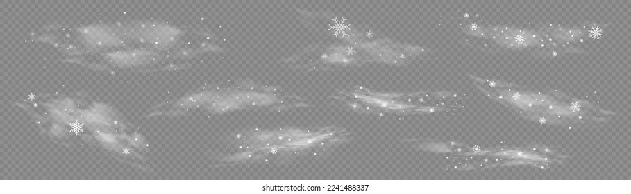 Christmas effect of a cold blizzard. Freezing breath curve trails. Flow snowy smoky stream, icy vapor. Cold wind with snow blow, winter weather with white smoke flying snowflakes. Vector illustration