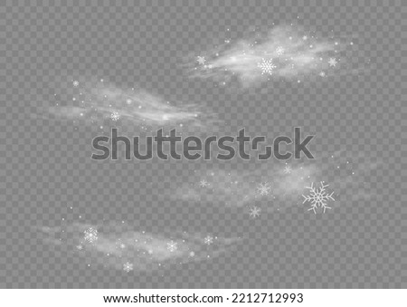 Christmas effect of a cold blizzard. Freezing breath curve trails. Flow snowy smoky stream, icy vapor. Cold wind with snow blow, winter weather with white smoke flying snowflakes. Vector illustration