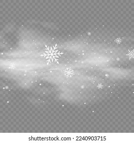 Christmas effect of a cold blizzard. Cold wind with snow blow, winter weather with white smoke flying snowflakes. Freezing breath curve trails. Flow snowy smoky stream, icy vapor. Vector illustration