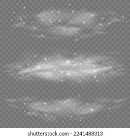 Weihnachtseffekt eines kalten Blizzards. Kalter Wind mit Schneefall, Winterwetter mit weißem Rauch fliegenden Schneeflocken. Atemkurven werden erfrischt. Durchfluss schneebedeckter, raucher Strom, eiser Dampf. Vektorgrafik