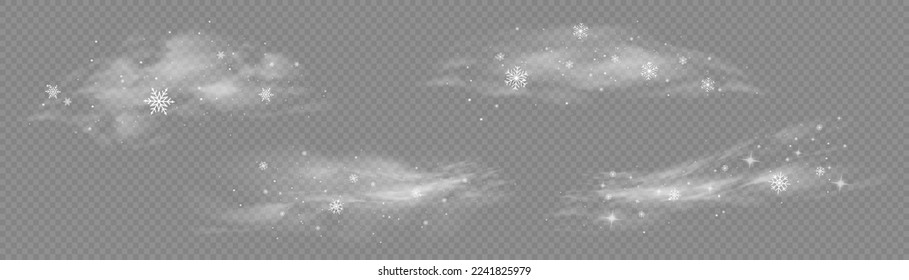 Christmas effect of a cold blizzard. Cold wind with snow blow, winter weather with white smoke flying snowflakes. Freezing breath curve trails. Flow snowy smoky stream, icy vapor. Vector illustration