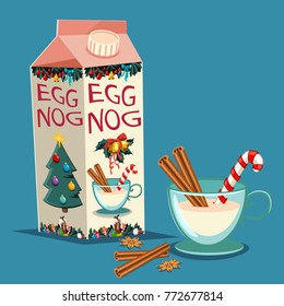 Christmas eggnog in carton package with cinnamon, candy cane and a glass with a drink. Vector set of traditional holiday treats isolated on background.