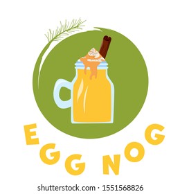 Christmas eggnog drink in bank with cinnamon. Flat vector illustration. 