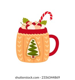 Christmas eggnog drink with berries and marshmallow in cartoon style. Vector kitchen crockery with hot chocolate, mug with winter drink