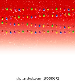 Christmas electric garland with falling snow on red background, illustration.