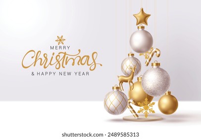 Christmas elegant balls vector design. Merry christmas greeting text with hanging gold and silver xmas balls, deer, snowflakes and star decoration ornaments in elegant background. Vector illustration 