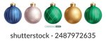 Christmas elegant balls vector set design. Christmas ball ornaments in shiny, glitter, silver, glossy and green pattern 3d round shape elements collection. Vector illustration bauble elegant set. 
