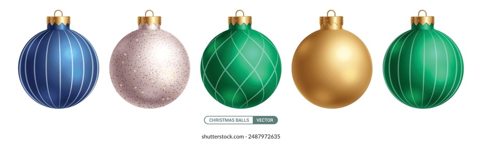 Christmas elegant balls vector set design. Christmas ball ornaments in shiny, glitter, silver, glossy and green pattern 3d round shape elements collection. Vector illustration bauble elegant set. 
