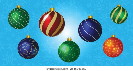 Christmas elegant balls vector set design. Ball ornaments in shiny, red, blue and green pattern 3d round shape elements collection. Vector illustration bauble elegant set. Snowflakes background.